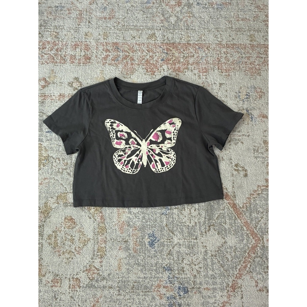Y2K Grunge Butterfly Print Cropped Baby Tee Whimsigoth Streetwear Gray Size S